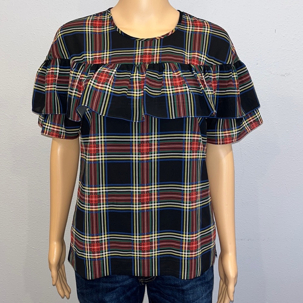 Plaid ruffle holiday top J Crew